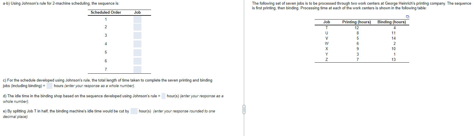 a-b) Using Johnson's rule for 2-machine scheduling, the sequence is: The