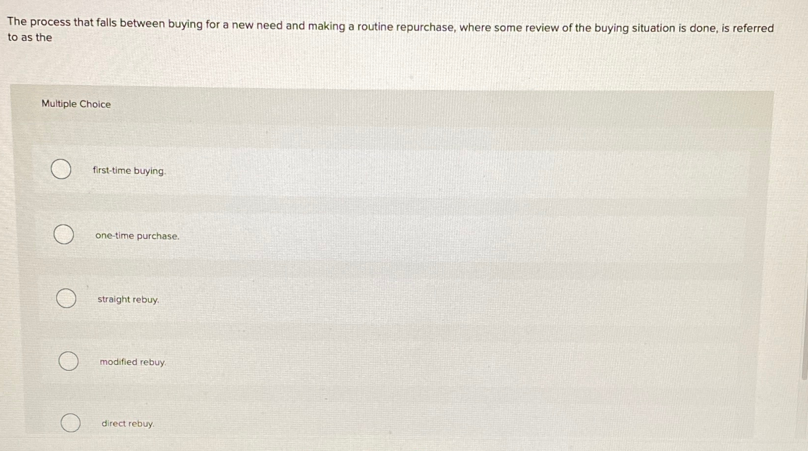  The process that falls between buying for a new need and