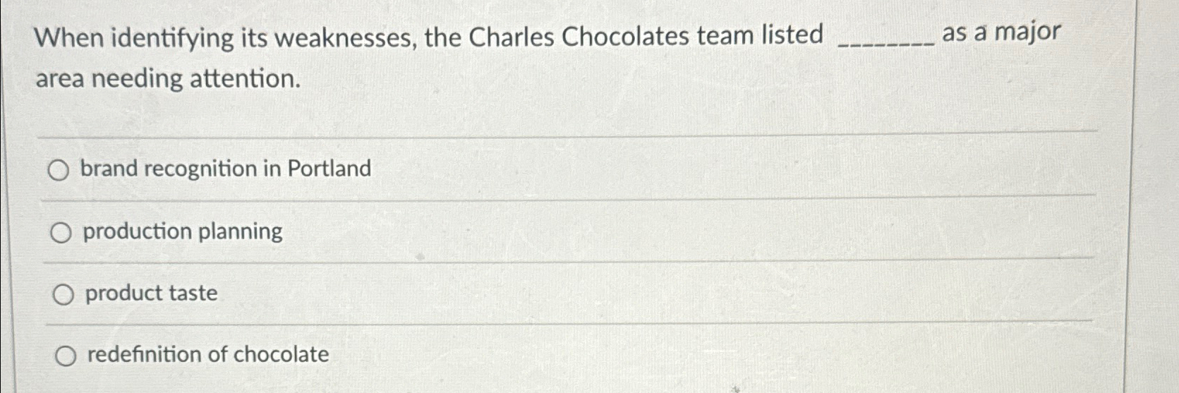  When identifying its weaknesses, the Charles Chocolates team listed as a
