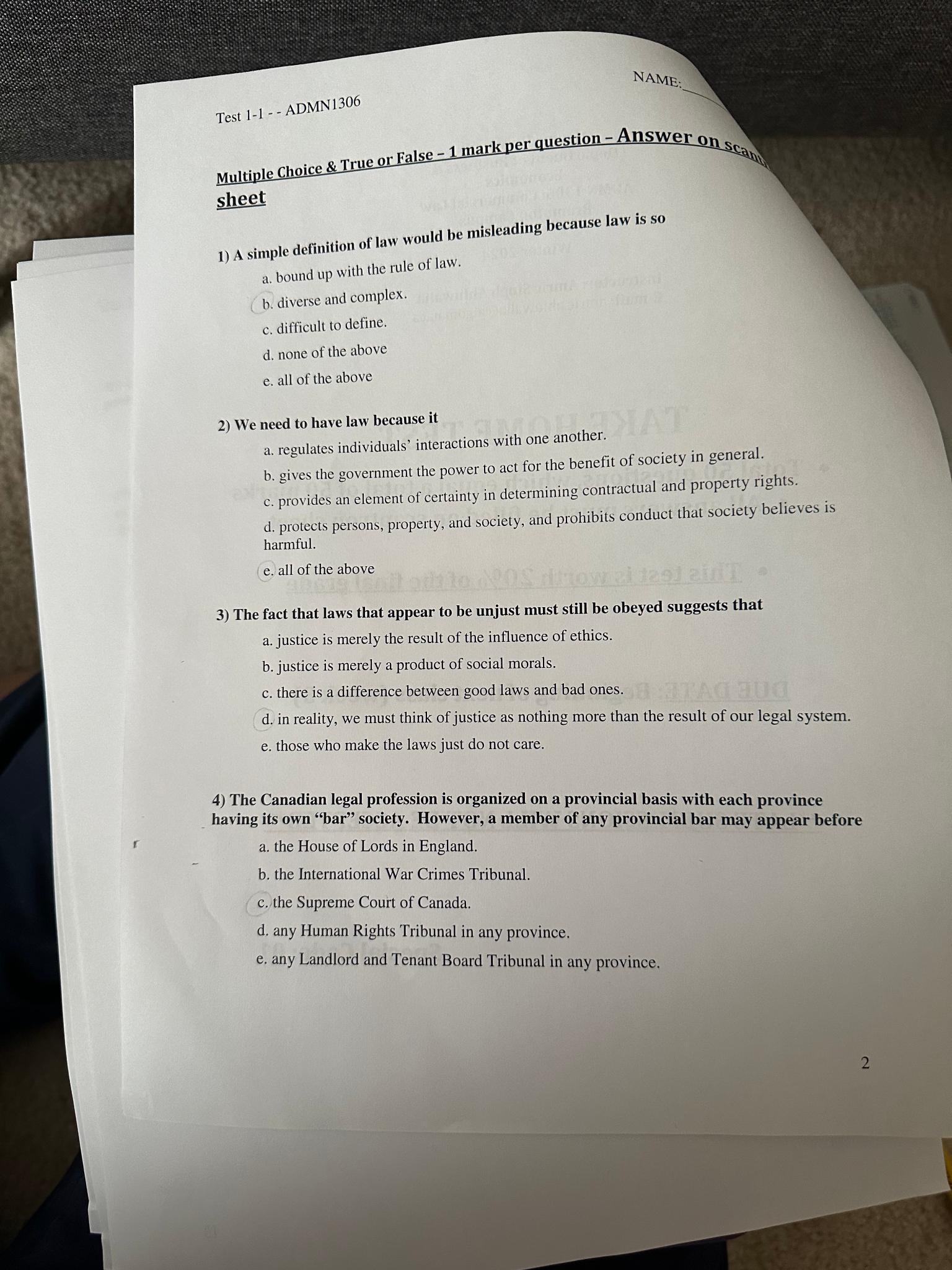  Test 1-1- ADMN1306 Multiple Choice & True or False -1 mark