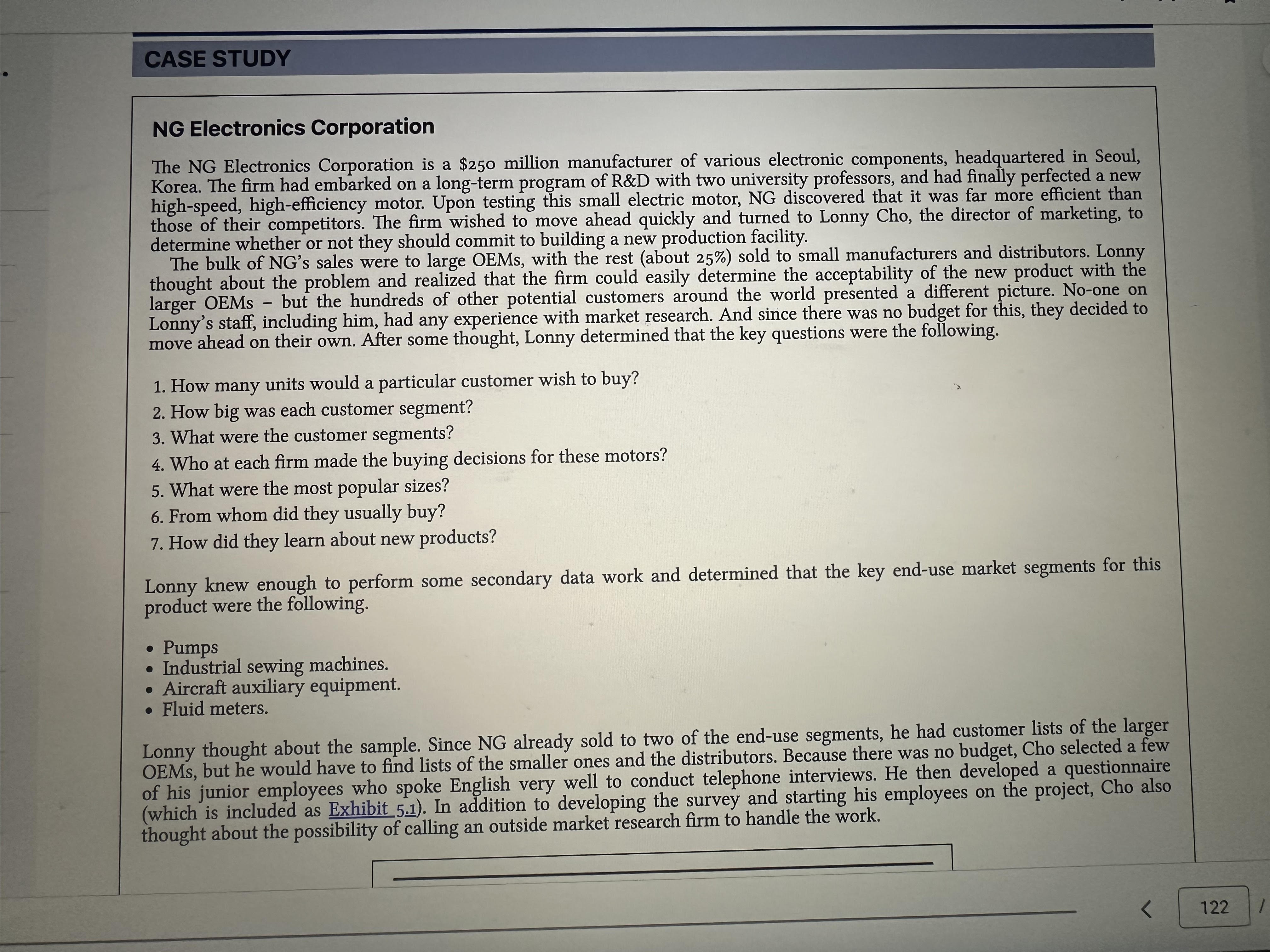  Please answer the following questions from the NG Electronics case in