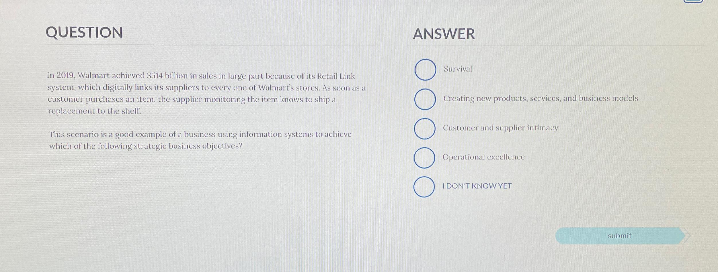  QUESTION ANSWER In 2019, Walmart achieved $514 billion in sales in
