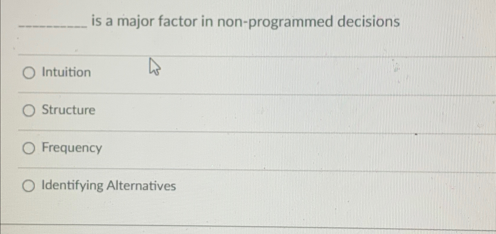  is a major factor in non-programmed decisions Intuition Structure Frequency Identifying