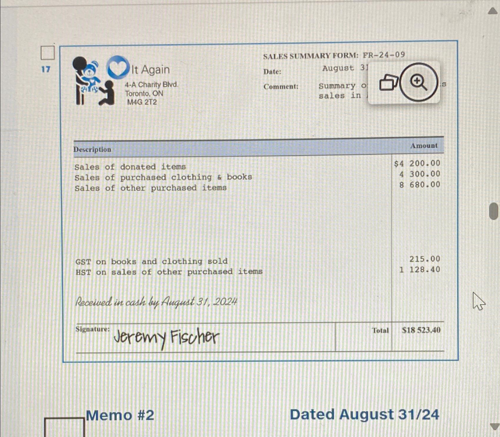  It Again 17 4-A Chanty Blvd. Toronto, ON SALES SUMMARY FORM: