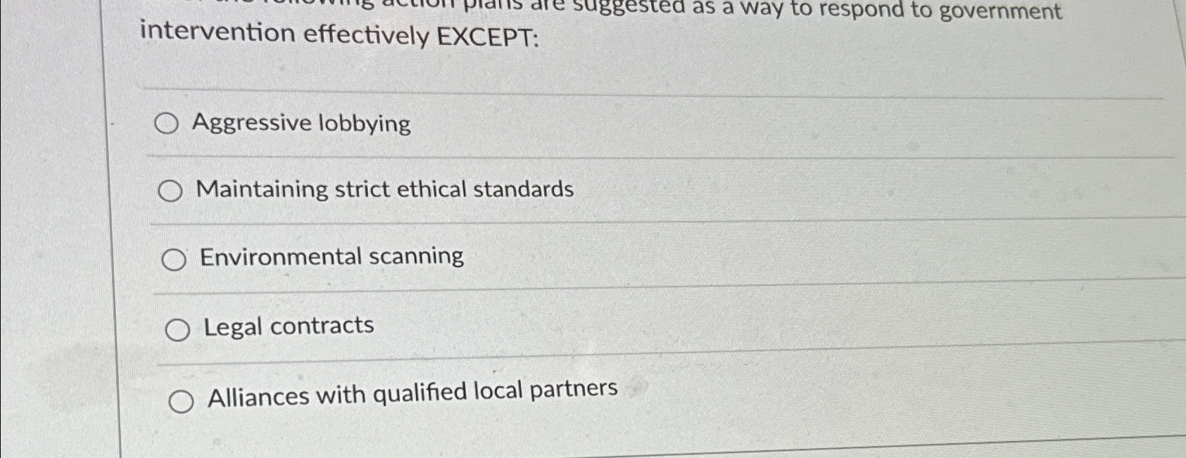  intervention effectively EXCEPT: Aggressive lobbying Maintaining strict ethical standards Environmental scanning