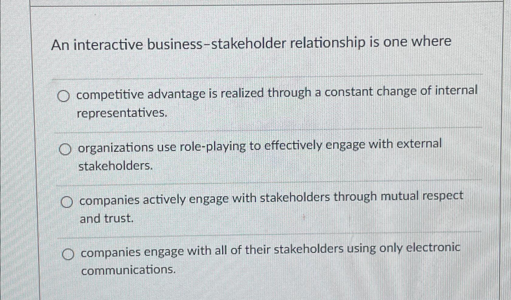  An interactive business-stakeholder relationship is one where competitive advantage is realized
