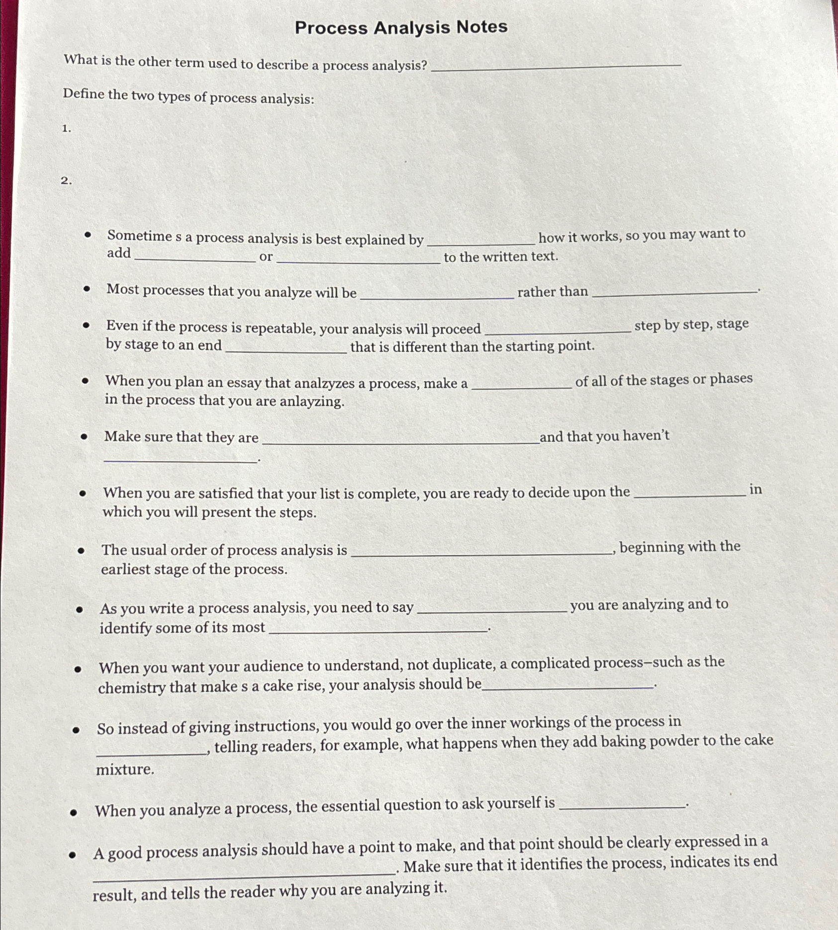  Process Analysis Notes What is the other term used to describe