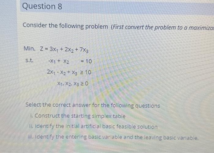 the starting simplex tabie Identfy the initial artifical basic feasble solution Bidentify