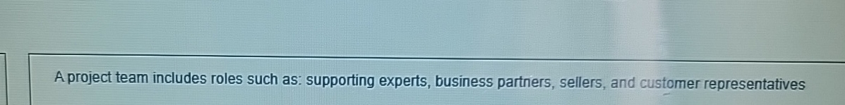  A project team includes roles such as: supporting experts, business partners,