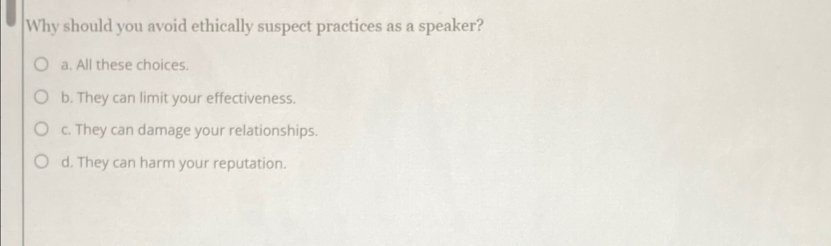 Why should you avoid ethically suspect practices as a speaker? a.