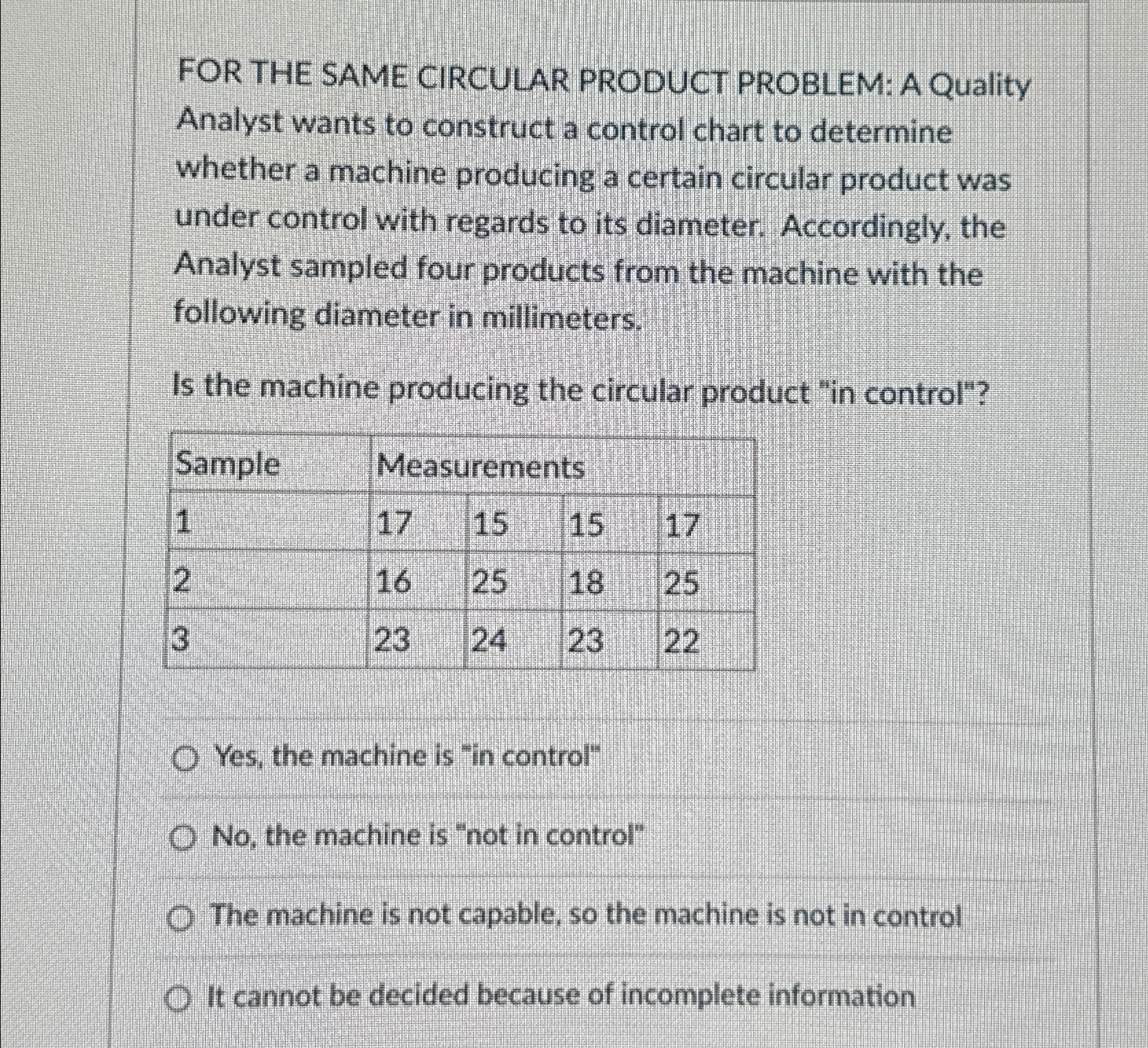  FOR THE SAME CIRCULAR PRODUCT PROBLEM: A Quality Analyst wants to