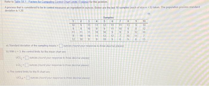  Refer to Table S6 1 - Factors for Computing Control Chart