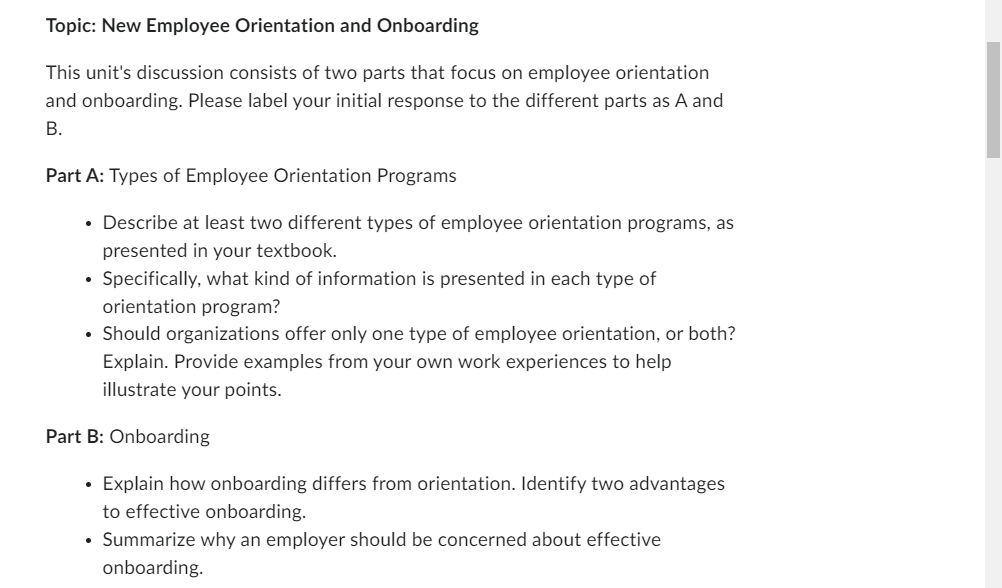 and onboarding. Please label your initial response to the different parts
