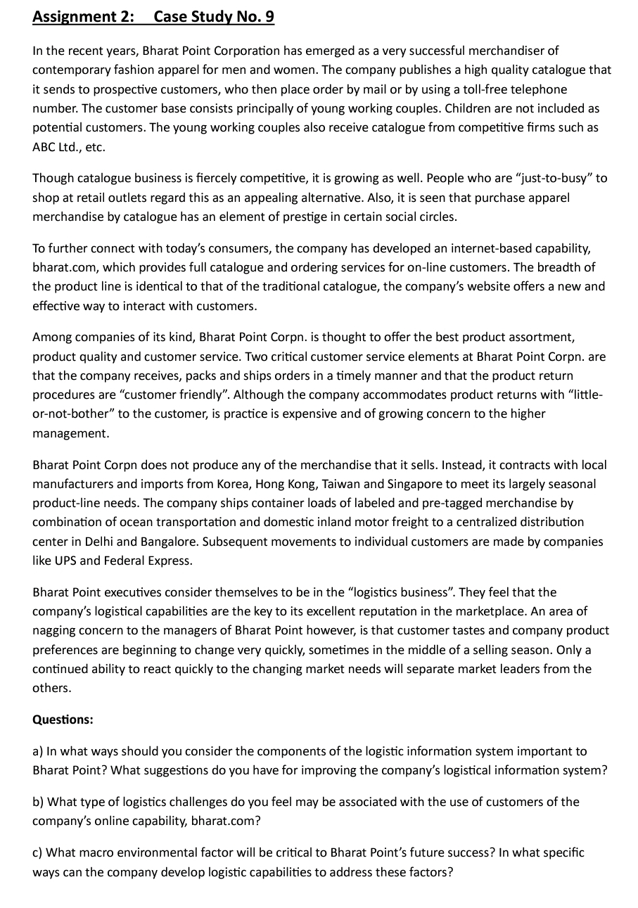  Assignment 2: , Case Study No.9 In the recent years, Bharat