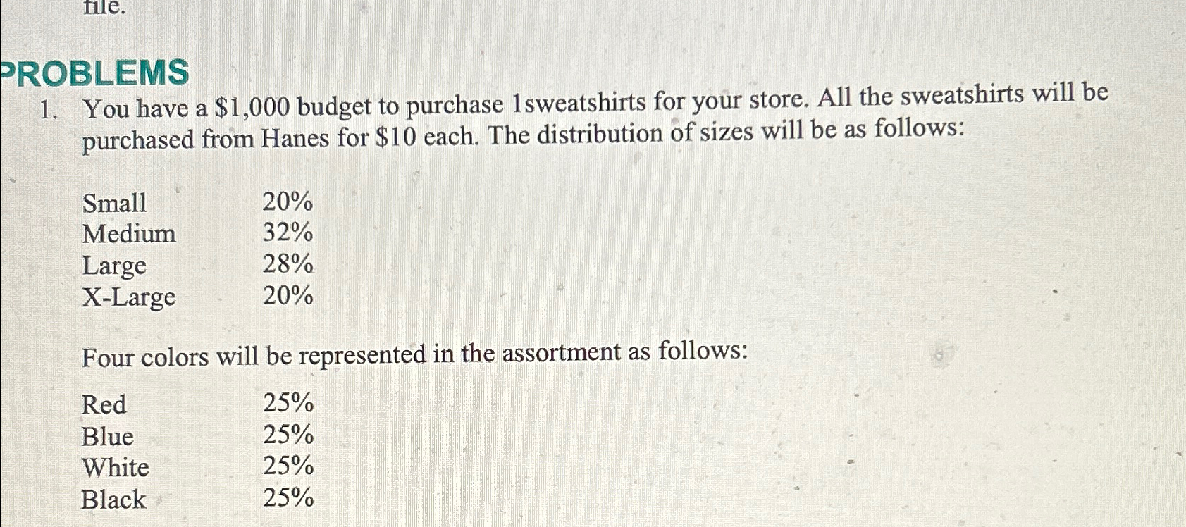  PROBLEMS You have a $1,000 budget to purchase sweatshirts for your