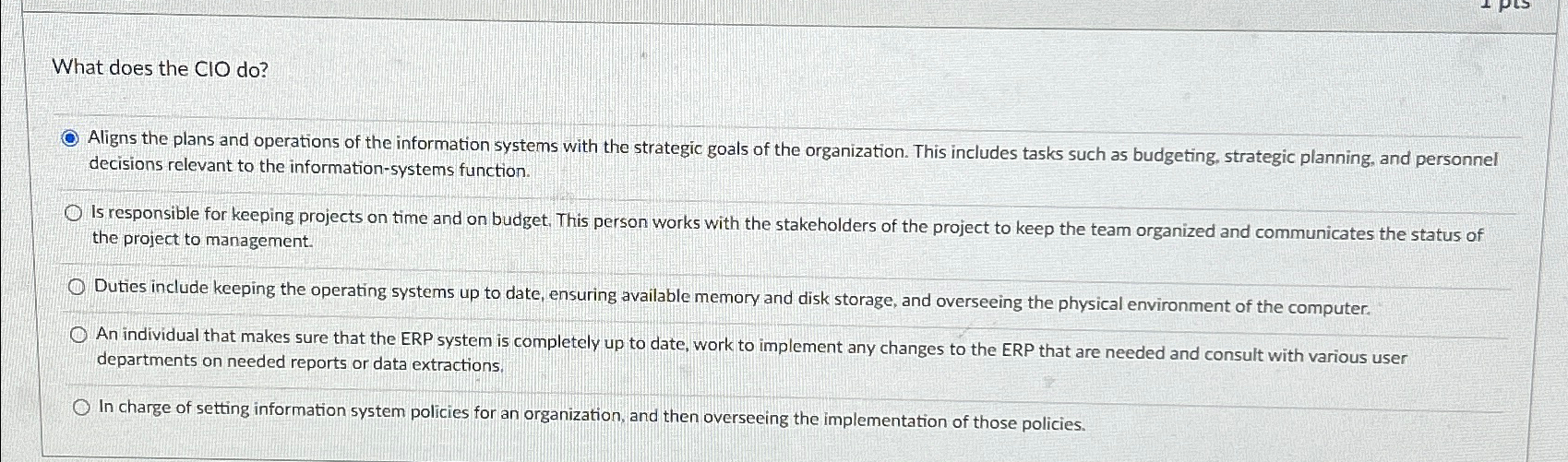  What does the CIO do? Aligns the plans and operations of