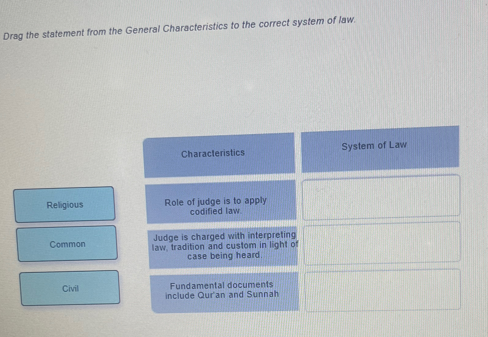  Drag the statement from the General Characteristics to the correct system