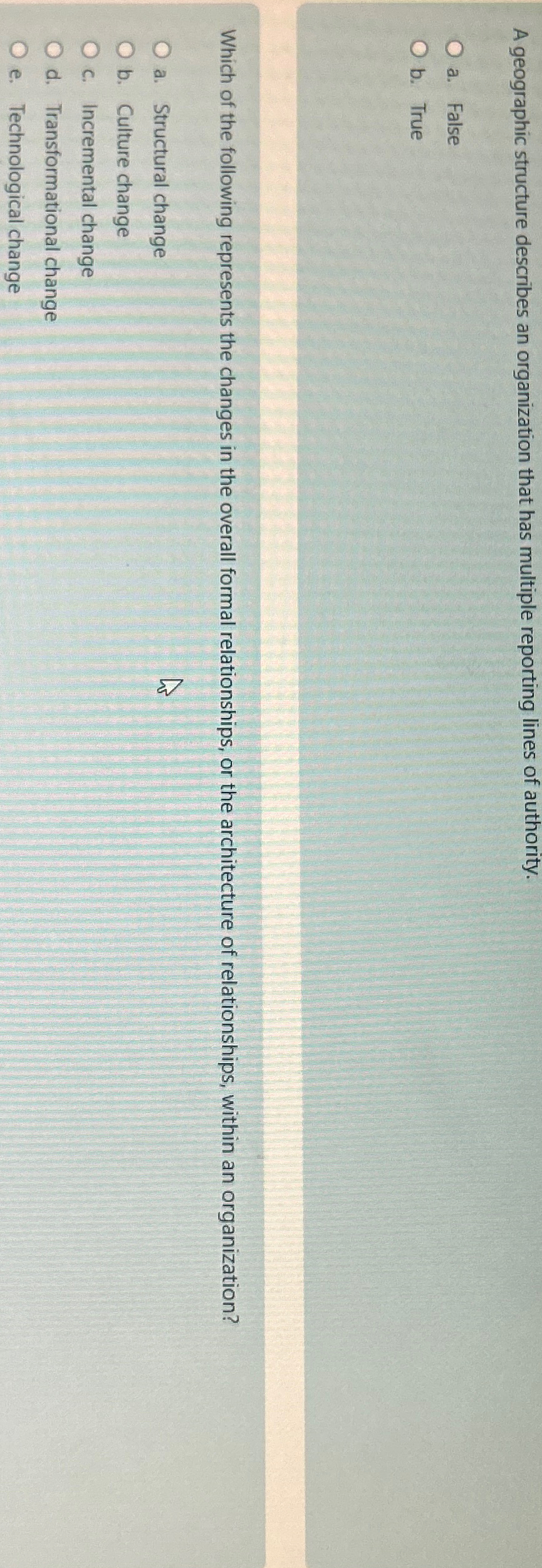  A geographic structure describes an organization that has multiple reporting lines