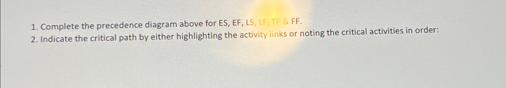  Complete the precedence diagram above for ES, EF, LS, LF, TF