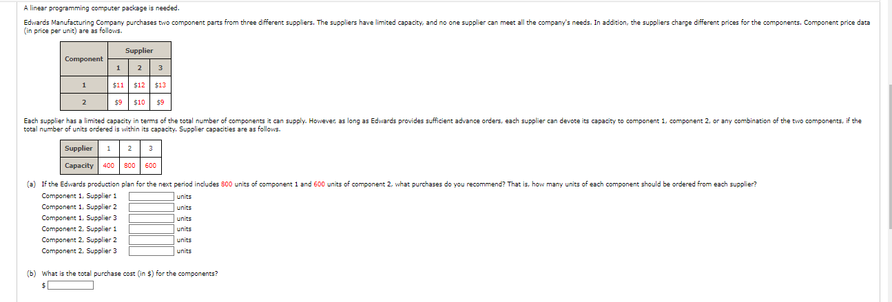  question 3 hw 4 A linear programming computer package is needed.