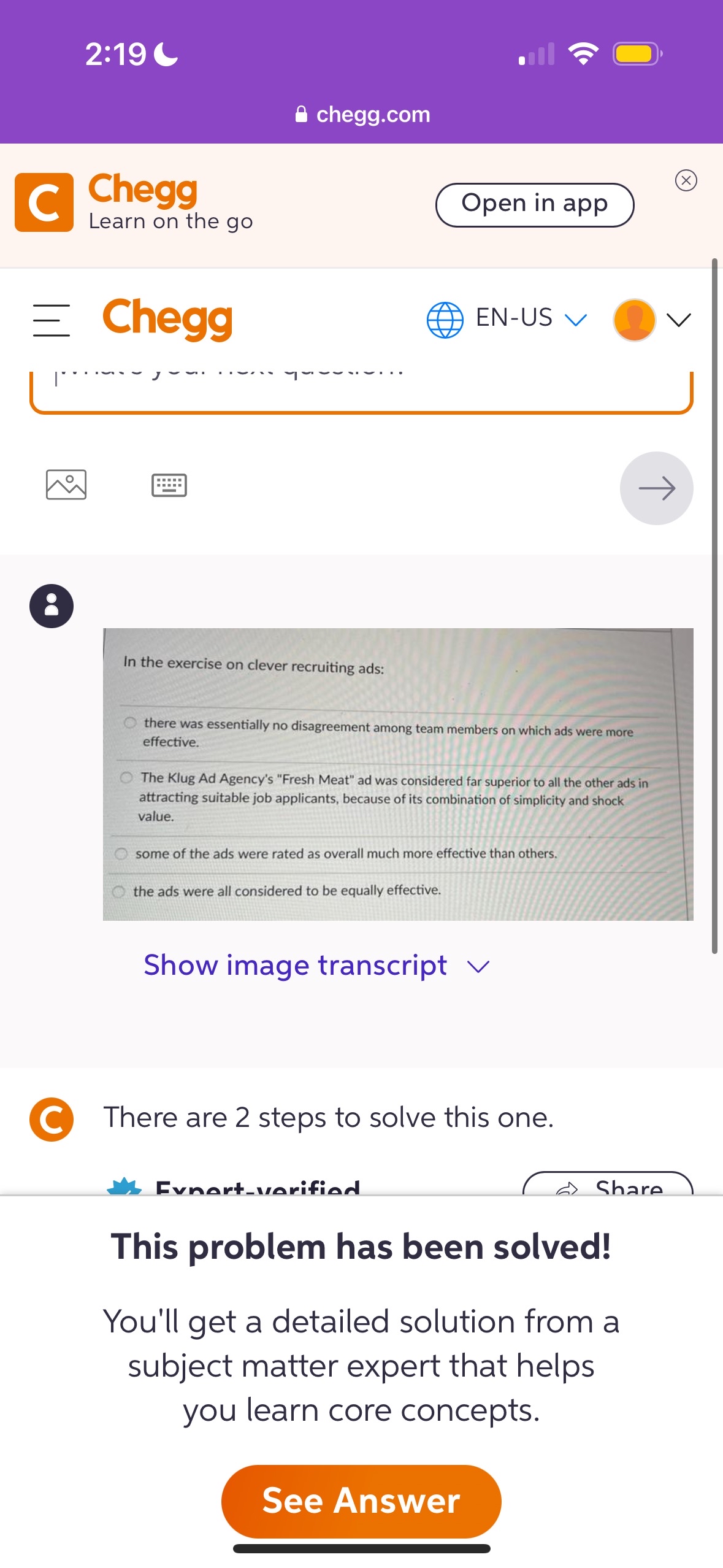  2:19 C chegg.com Chegg Learn on the go Open in app