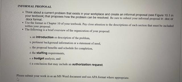 INFORMAL. PROPOSAL. - Think about a current problem that exists in