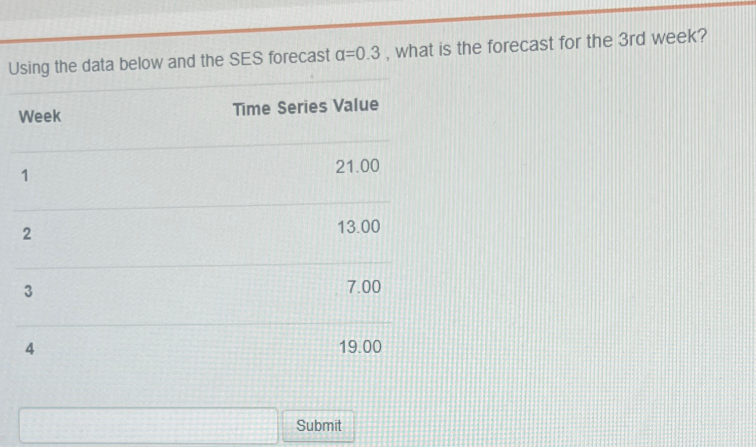  Using the data below and the SES forecast =0.3, what is