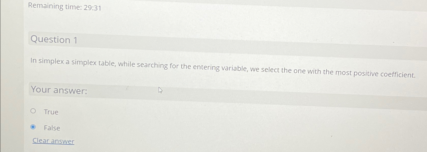  Remaining time: 29:31 Question 1 In simplex a simplex table, while