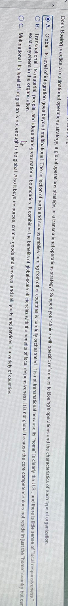  Does Boeing practice a multinational operations strategy, a global operations strategy,
