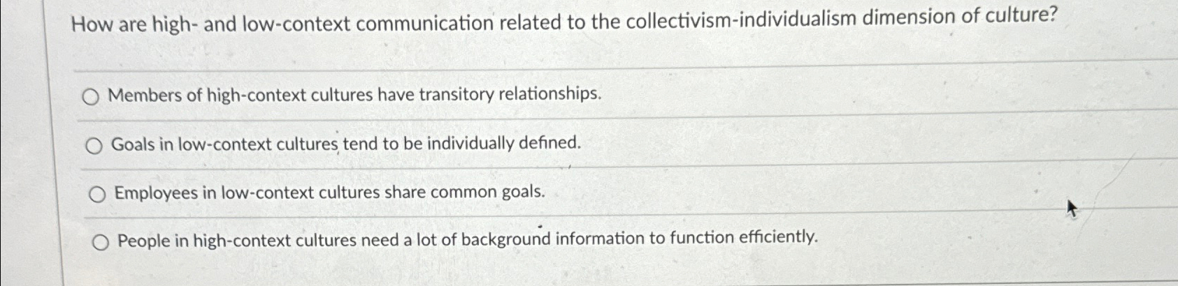  How are high- and low-context communication related to the collectivism-individualism dimension