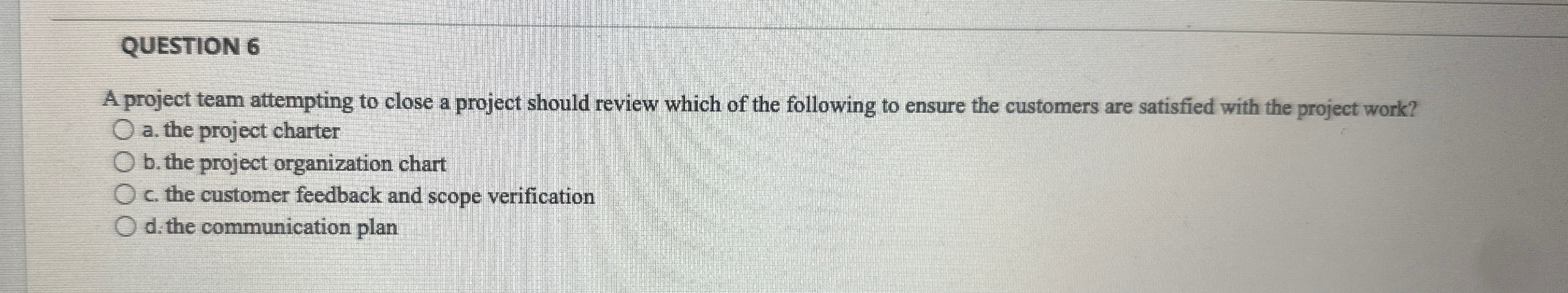  QUESTION 6 A project team attempting to close a project should