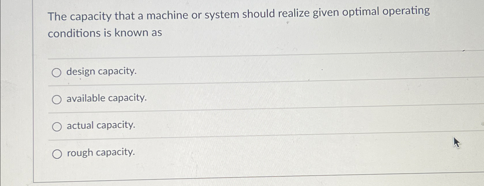  The capacity that a machine or system should realize given optimal
