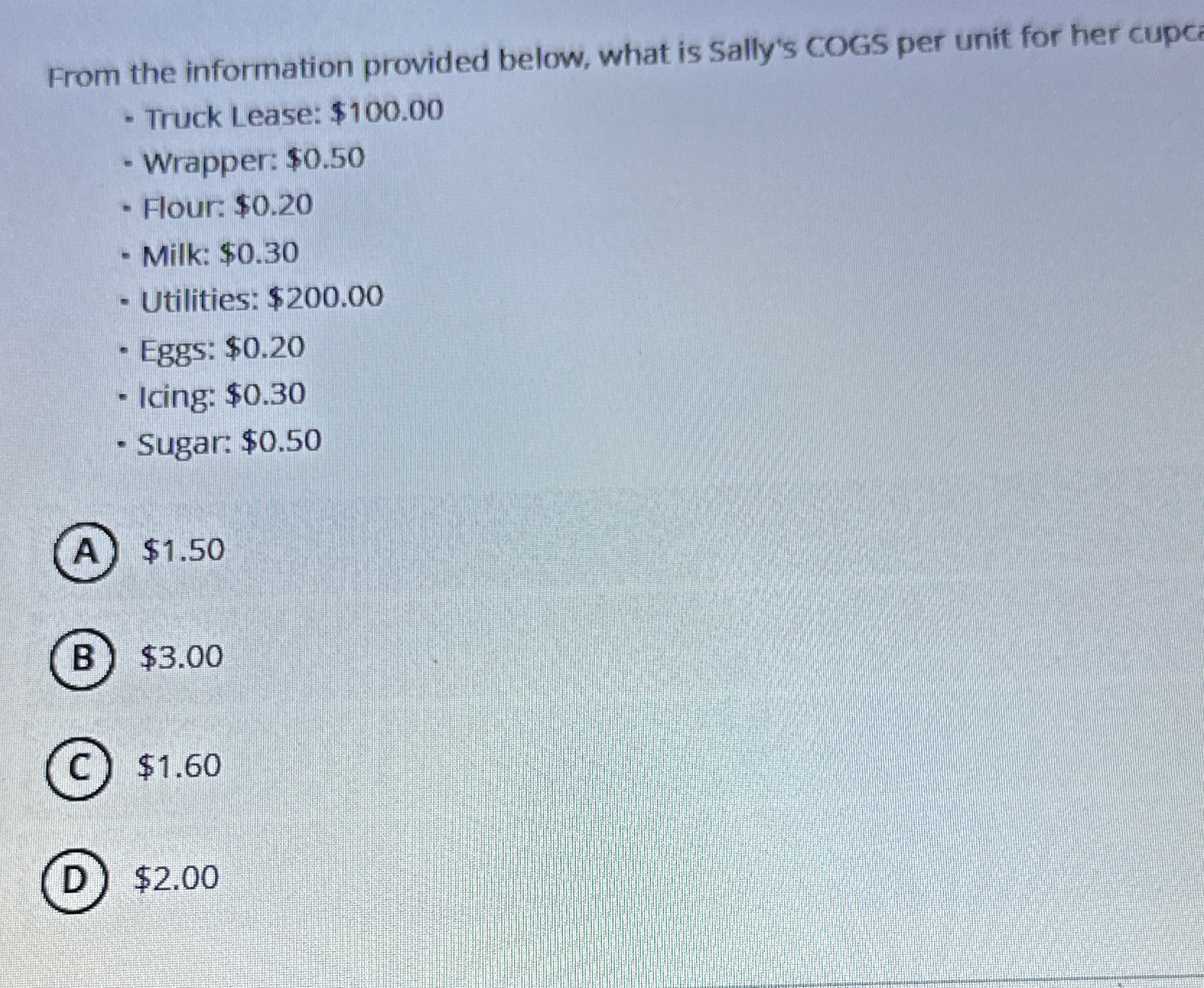  From the information provided below, what is Sally's COGS per unit