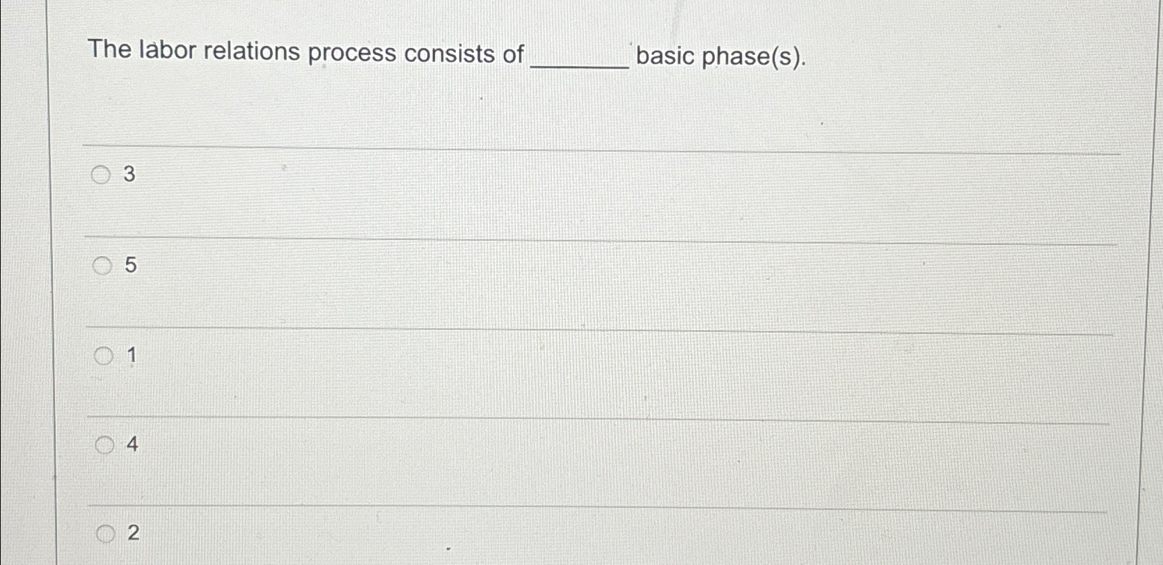  The labor relations process consists of basic phase(s). 3 5 1