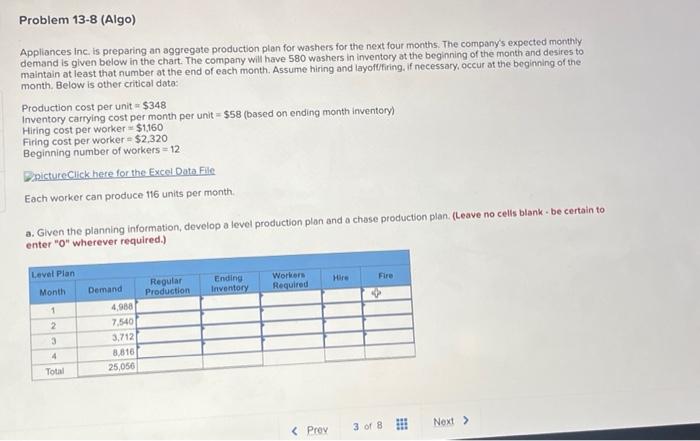  Appliances inc. is preparing an aggregate production plan for washers for