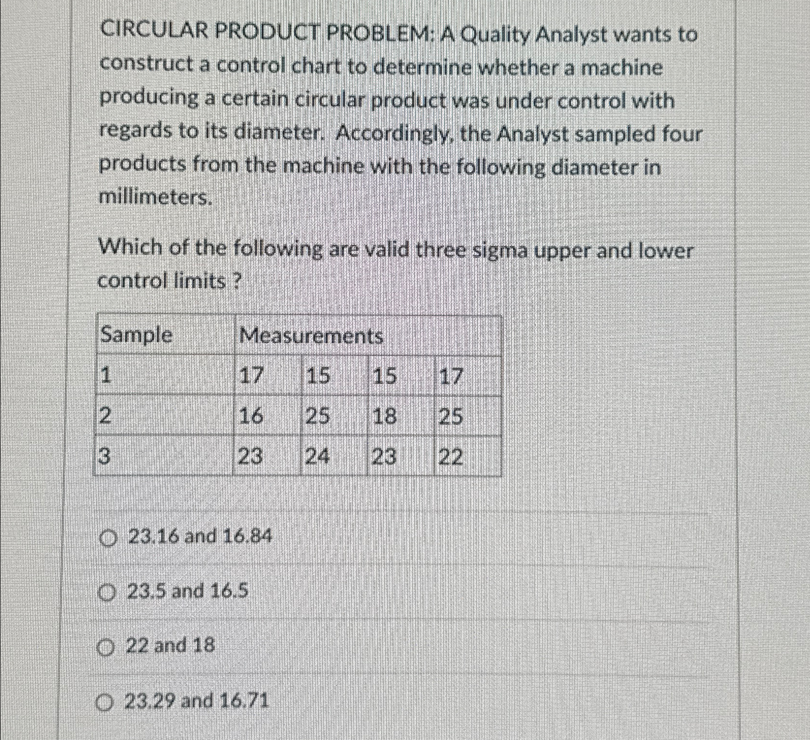  CIRCULAR PRODUCT PROBLEM: A Quality Analyst wants to construct a control