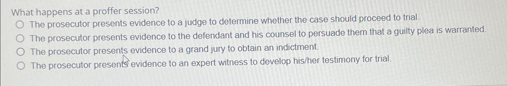  What happens at a proffer session? The prosecutor presents evidence to