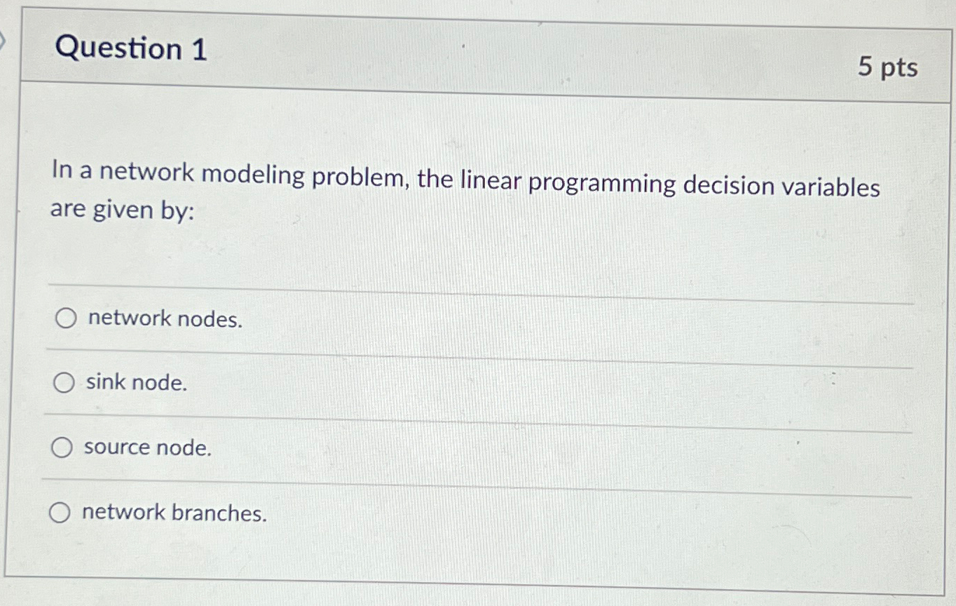  Question 1 5 pts In a network modeling problem, the linear