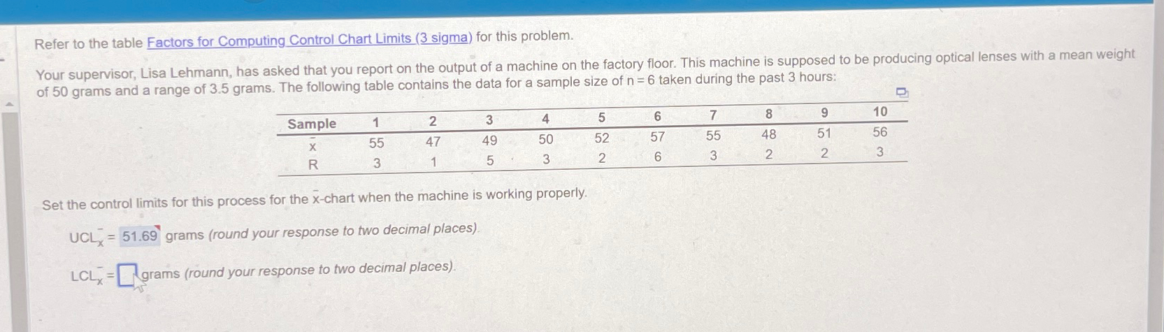  Refer to the table Factors for Computing Control Chart Limits (3