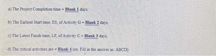 The Project Completion time = Blank 1 days. b) The Earliest Start