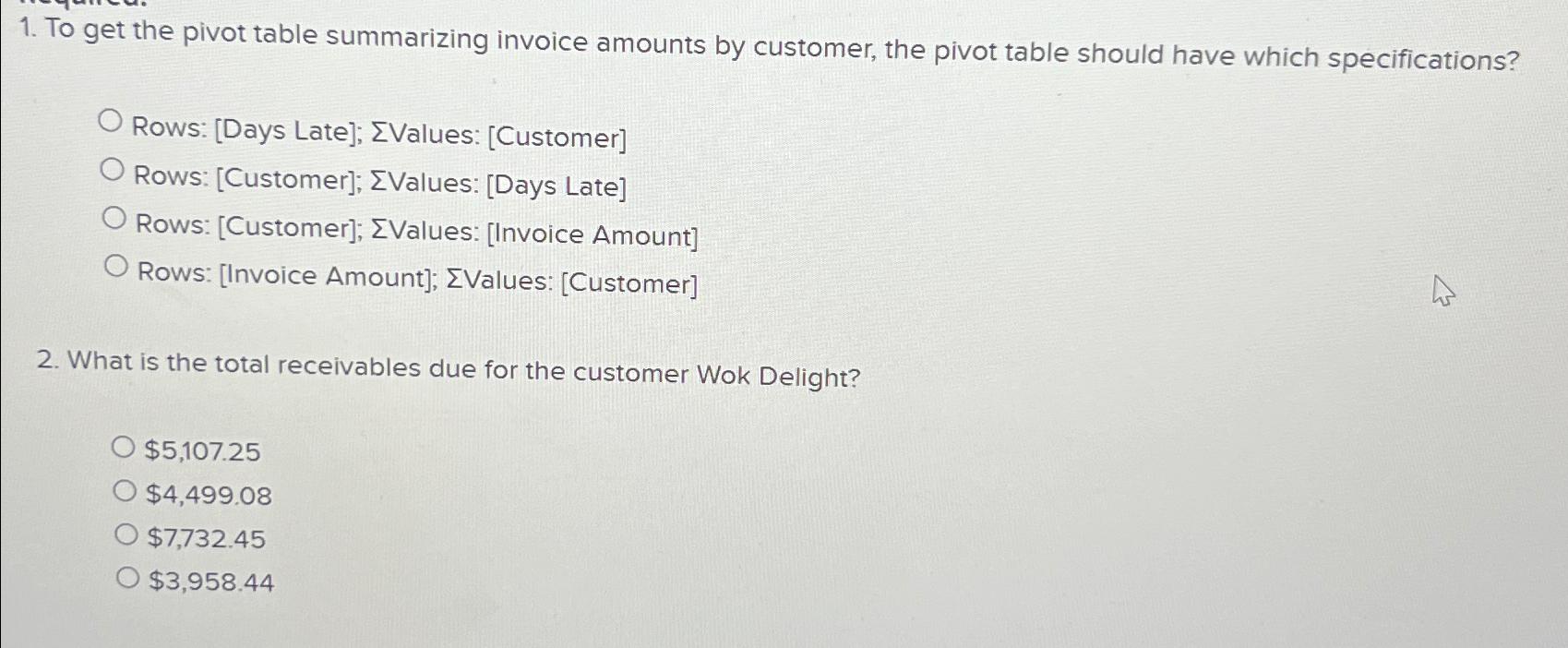  To get the pivot table summarizing invoice amounts by customer, the