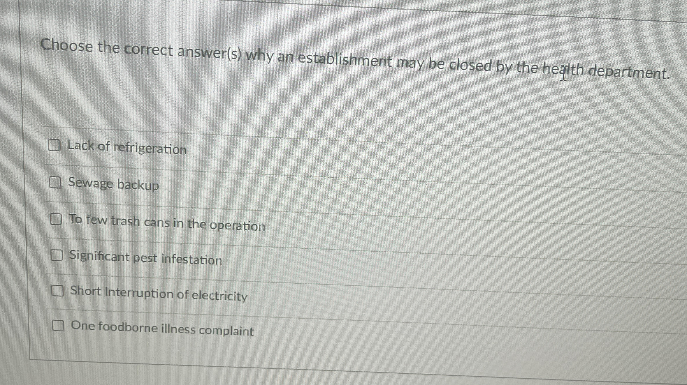  Choose the correct answer(s) why an establishment may be closed by