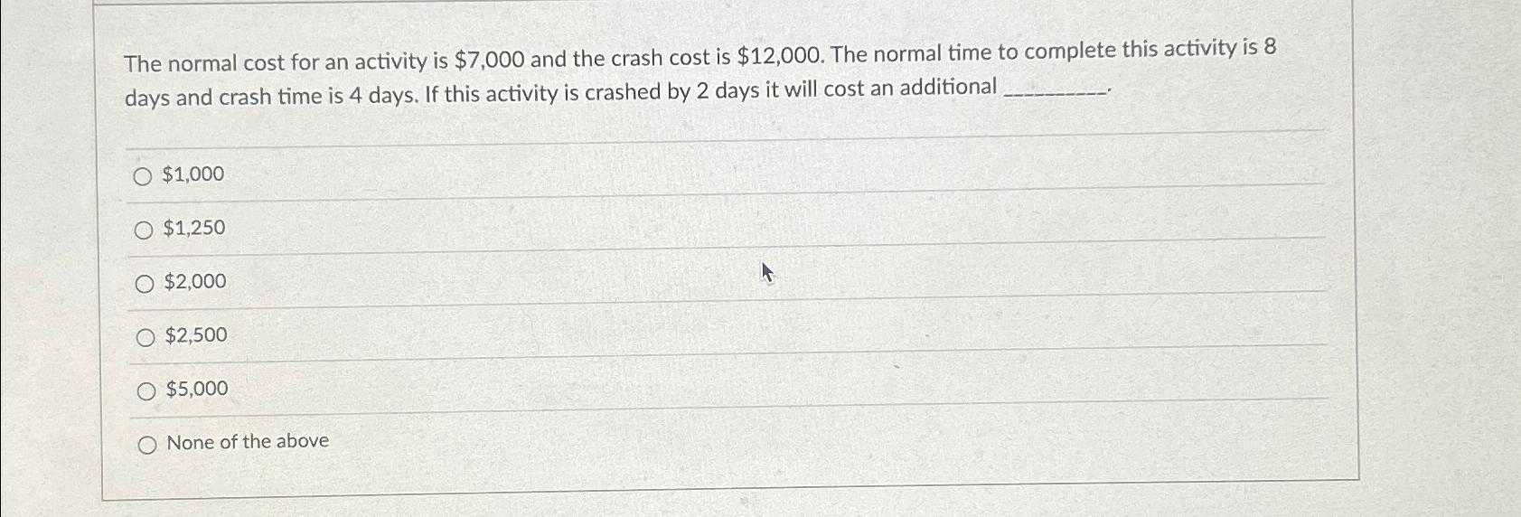  The normal cost for an activity is $7,000 and the crash