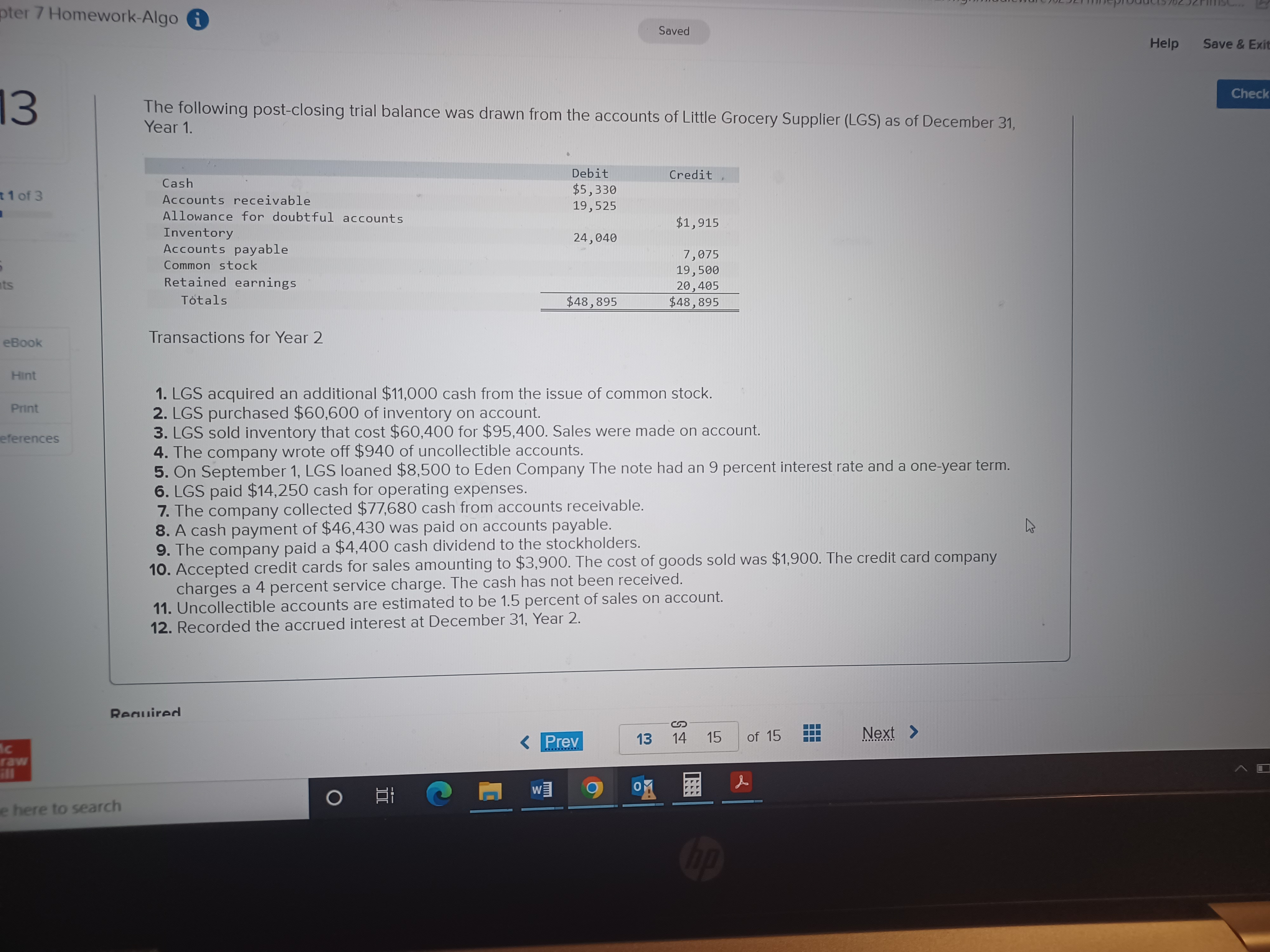 pter 7 Homework-Algo i Saved Help Save & Ex 13 Check