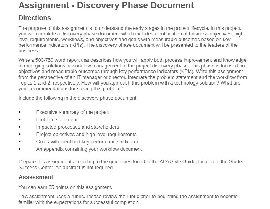  Assignment - Discovery Phase Document Directions The purpose of this assignment