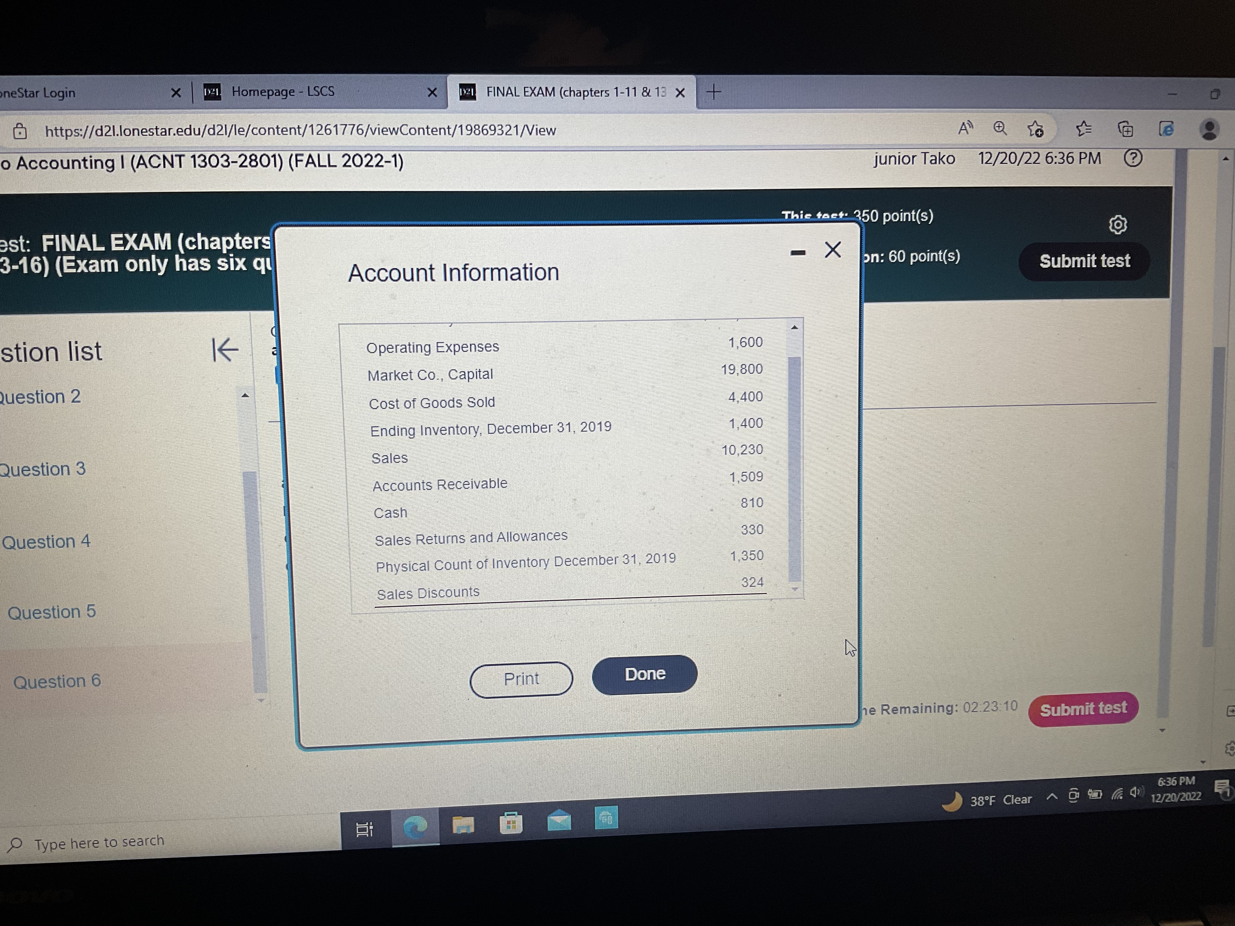 Intro. to Accounting I (ACNT 1303-2801) (FALL 2022-1) junior Tako 12/20/22 6:36