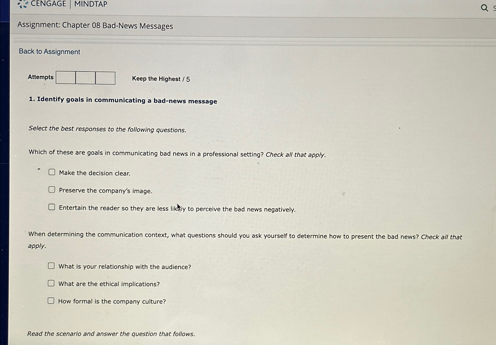  CENGAGE MINDTAP Assignment: Chapter 08 Bad-News Messages Back to Assignment Attempts