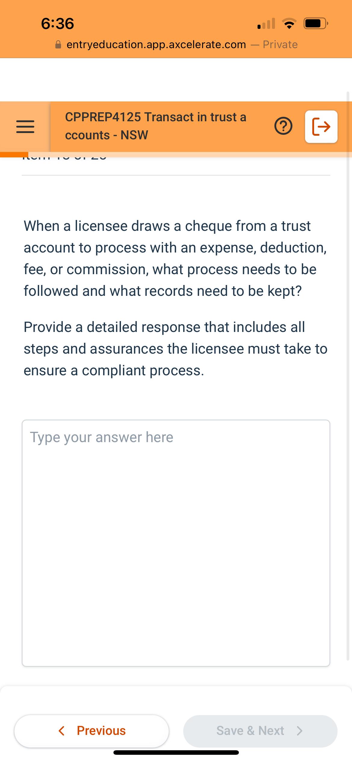  6:36 entryeducation.app.axcelerate.com - Private CPPREP4125 Transact in trust a ccounts -
