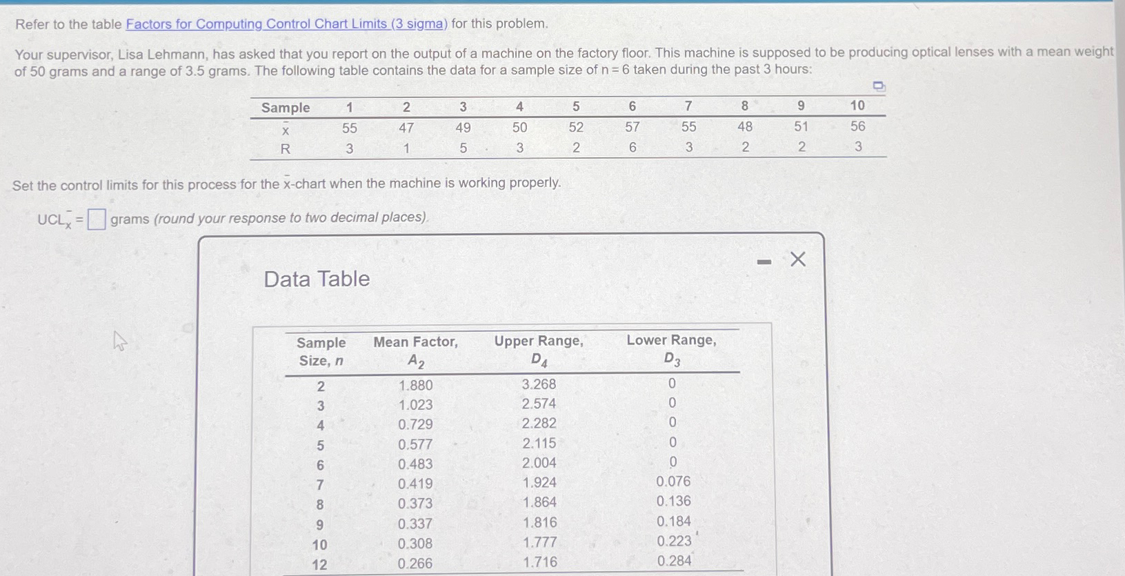  Refer to the table Factors for Computing Control Chart Limits (3