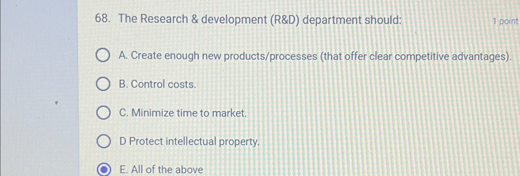  The Research & development (R&D) department should: 1 point A. Create